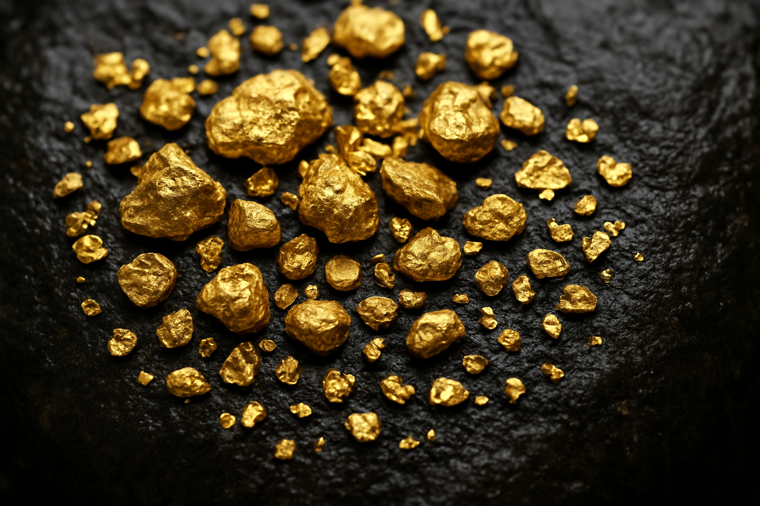 A close-up of raw alluvial gold nuggets.