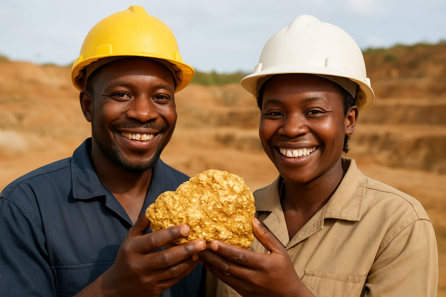 Miners from the Wagagai community holding a gold nugget.